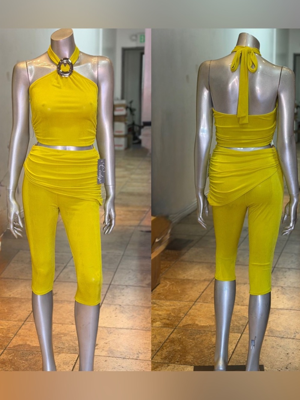 Bright Yellow Halter Crop Top and Ruched Capri Set